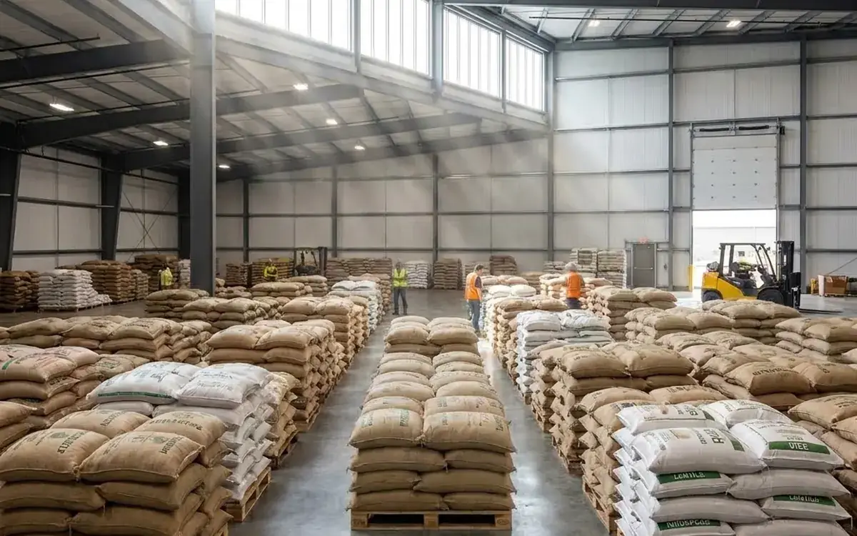 Rudra International agro commodity sacks stored in a warehouse